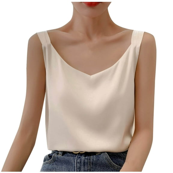 ABATAB Women's Silk Satin Tank Tops V Neck Sleeveless Soft Camisole Summer Basic Cami Shirt
