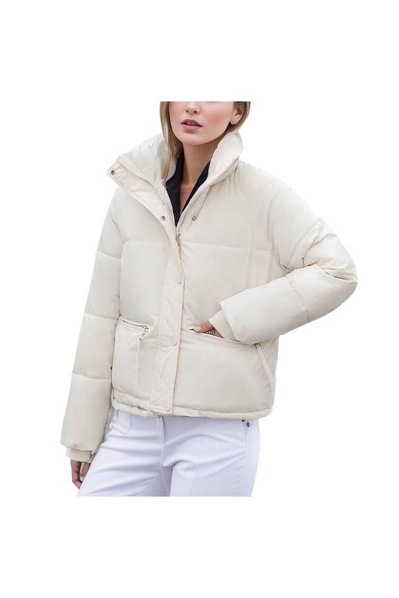 Women's Stand Collar Quilted Puffer Jackets Lightweight Winter Warm Button down Coat Outerwear with Zipper Pockets(X-Large,White)