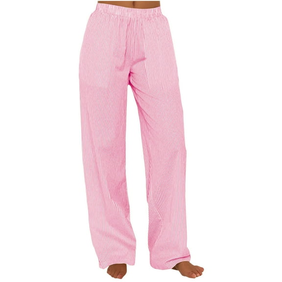 ABATAB Women's Striped Pants Wide Leg Lounge Pajama Pants Elastic Waisted Casual Loose Fit Trousers Beach Bottoms