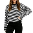 thumbnail image 1 of ABATAB Women's Striped Pullover Crewneck Long Sleeve Tops Casual Loose Trendy Workout Shirt Fall Outfits Clothes, 1 of 7