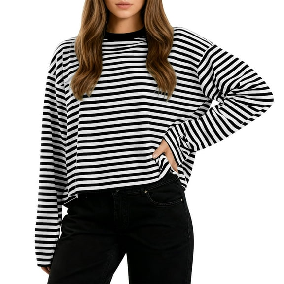 ABATAB Women's Striped Pullover Crewneck Long Sleeve Tops Casual Loose Trendy Workout Shirt Fall Outfits Clothes