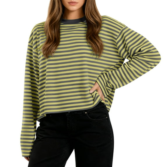 ABATAB Women's Striped Pullover Crewneck Long Sleeve Tops Casual Loose Trendy Workout Shirt Fall Outfits Clothes