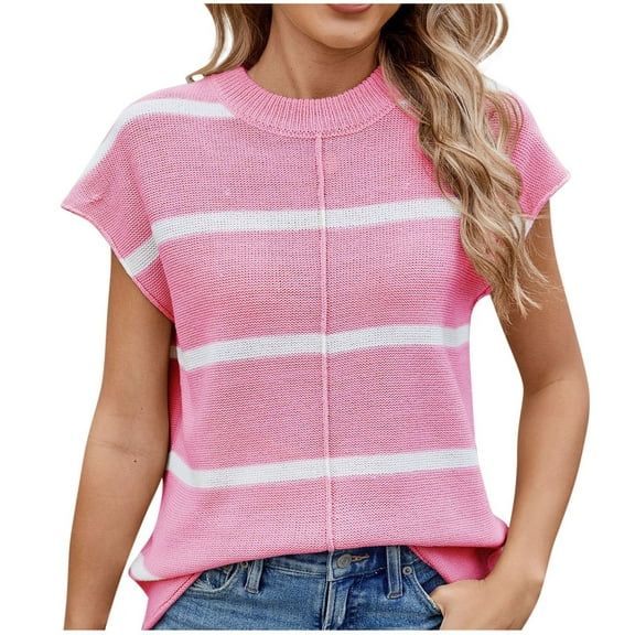 ABATAB Women's Striped Sweater Tops Short Sleeve Crew Neck Color Block Tee Knitted Casual Loose Trendy Pullover T-Shirt