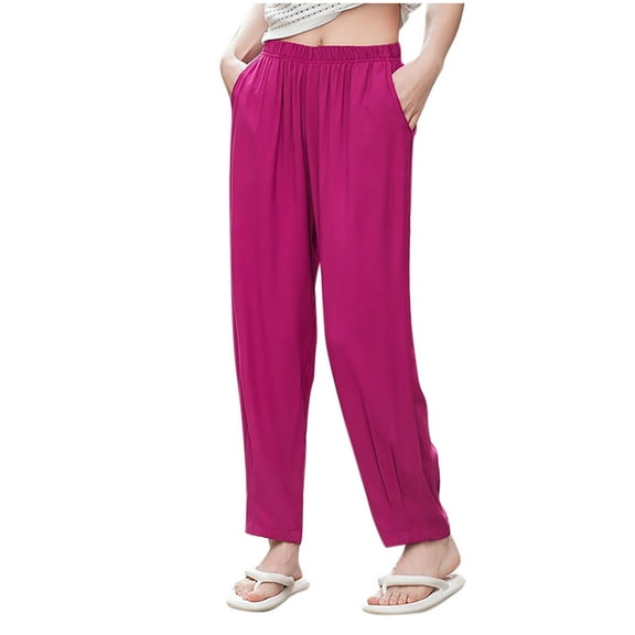 ABATAB Women's Summer Baggy Pure Color High Waisted Pants Casual Ankle Length Slacks Trouser with Pockets