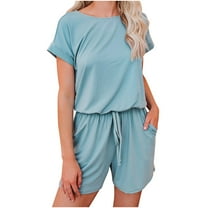 ABATAB Women's Summer Casual Rompers Short Sleeve Crewneck Outfits Drawstring Trendy Jumpsuits with Pockets