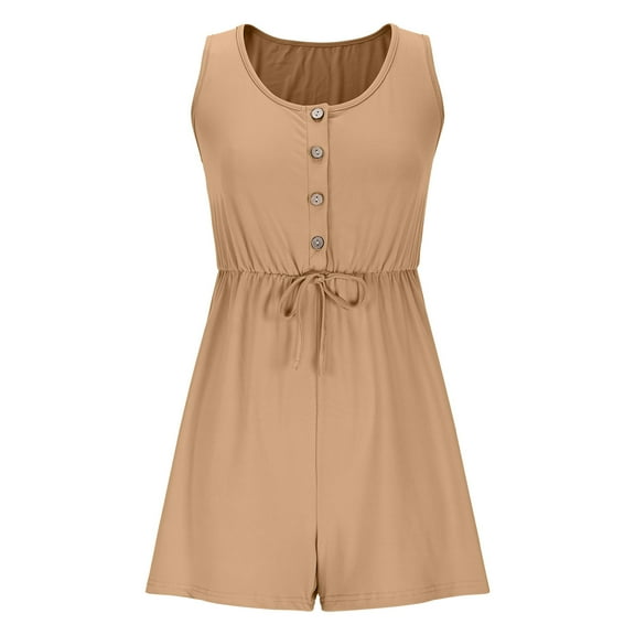 ABATAB Women's Summer Casual Rompers Sleeveless Crewneck Button Outfits Drawstring Wide Leg Trendy Jumpsuits