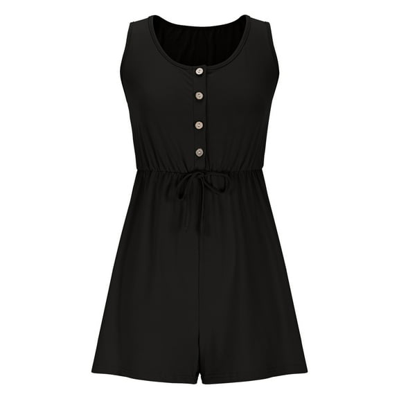 ABATAB Women's Summer Casual Rompers Sleeveless Crewneck Button Outfits Drawstring Wide Leg Trendy Jumpsuits