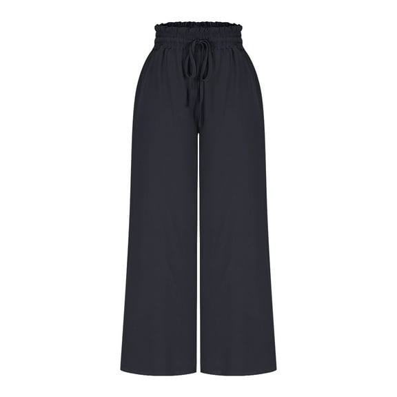 ABATAB Women's Summer Palazzo Pants Loose Fit Wide Leg Pants High Waist Drawstring Beach Vacation Casual Trousers with Pockets