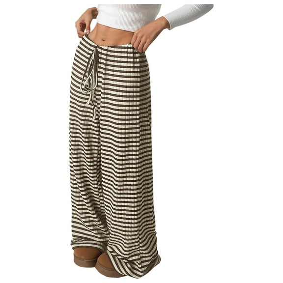 ABATAB Women's Summer Pants Summer Wide Leg Lounge Ribbed Pants Drawstring Elastic Waist Comfy Striped Trendy Clothes