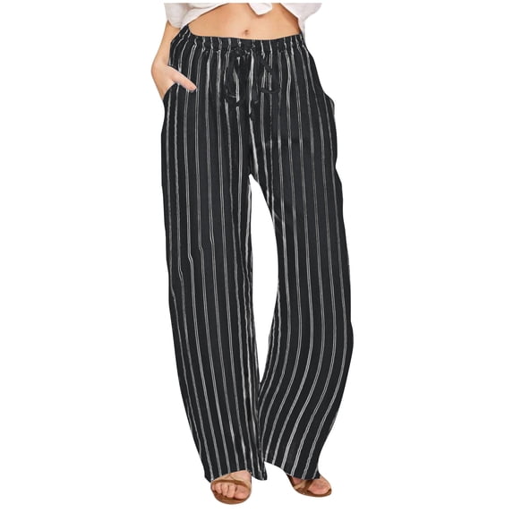 ABATAB Women's Summer Pants Drawstring Striped Wide Leg Trousers Loose Baggy Beach Palazzo Pants with Pockets