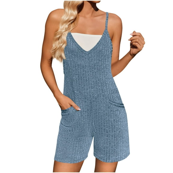 ABATAB Women's Summer Rompers Ribbed Sleeveless Jumpsuit Wide Leg Beach Romper Travel Vacation Outfits with Pockets