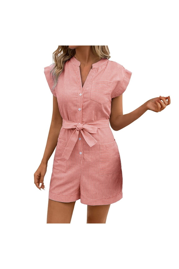 Women's Summer Rompers Striped Button Bow Front Cap Sleeve Trendy Jumpsuit Wide Leg Overalls with Pockets