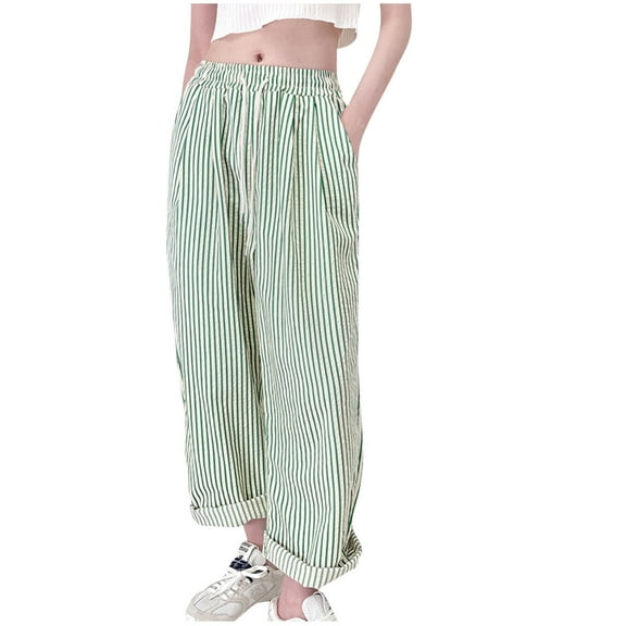 ABATAB Women's Summer Striped Pants Wide Leg Lounge Trendy Trousers Drawstring Elastic Waist Comfy Pajama Bottoms
