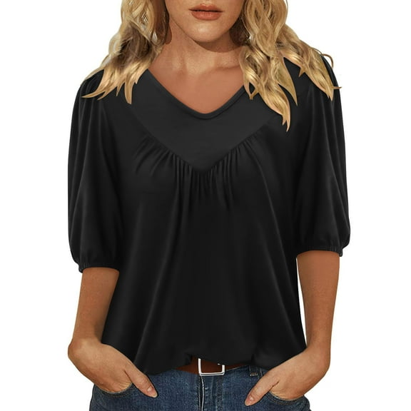 ABATAB Women's Summer Tshirts V Neck Pleated Puff Half Sleeve Casual Shirts Fall Fashion Loose Fit Basic Tunic Tops Ladies Clothes(Small,Black)