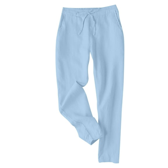 ABATAB Women's Tapered Cotton Linen Pants Casual Straight Leg Drawstring Waist Loose Comfy Capri Trousers with Pockets