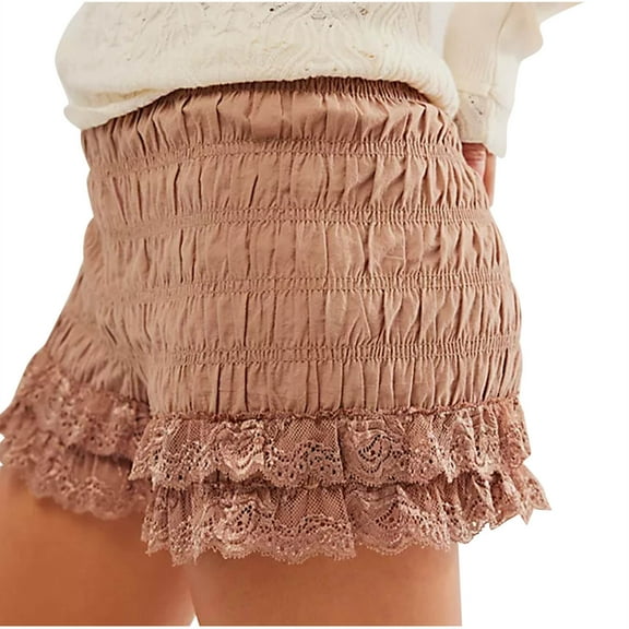 ABATAB Shorts for Women Ruffle Layered Lace Trim Smocked Shorts Cute Frill Ruched Dressy Pj Bottoms
