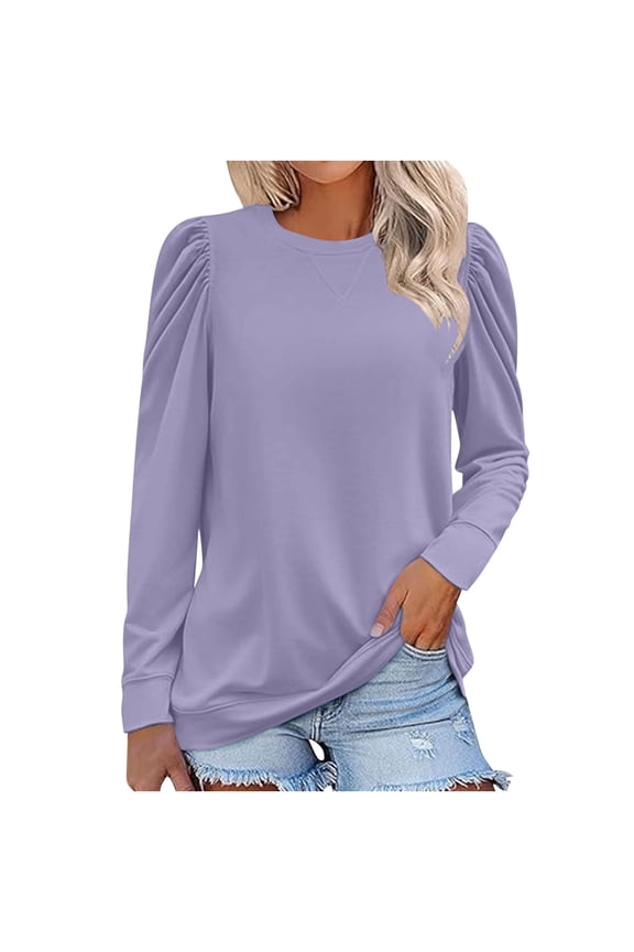 Women's Tunic Tops Casual Crew Neck Pullover Lightweight Soft Pleated Tops Fall Long Sleeve Shirts