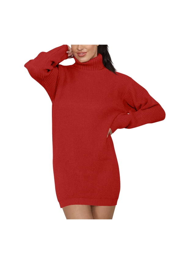 Women's Turtleneck Dresses Long Sleeve Sweater Mini Dress Casual Loose Cocktail Party Knit Short Dresses