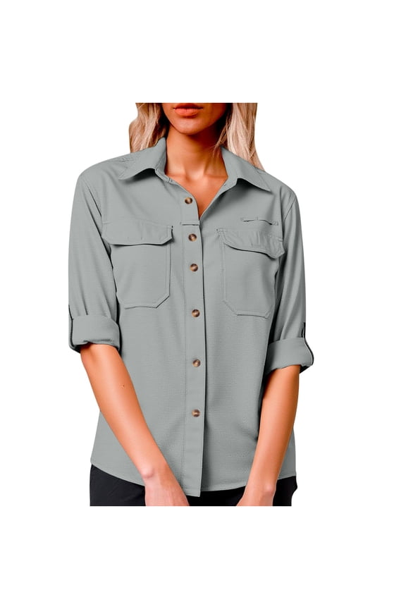 Women's UPF 50+ Long Sleeve UV Sun Protection Shirts with Chest Pockets Outdoor Fishing Hiking Athletic Button down T-Shirts(X-Large,Gray)