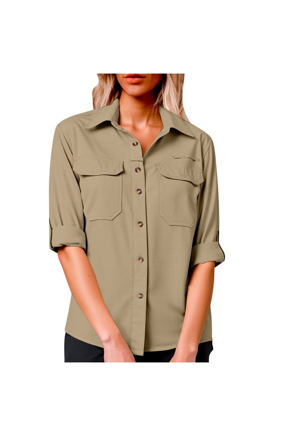Women's UPF 50+ Long Sleeve UV Sun Protection Shirts with Chest Pockets Outdoor Fishing Hiking Athletic Button down T-Shirts(XX-Large,Khaki)