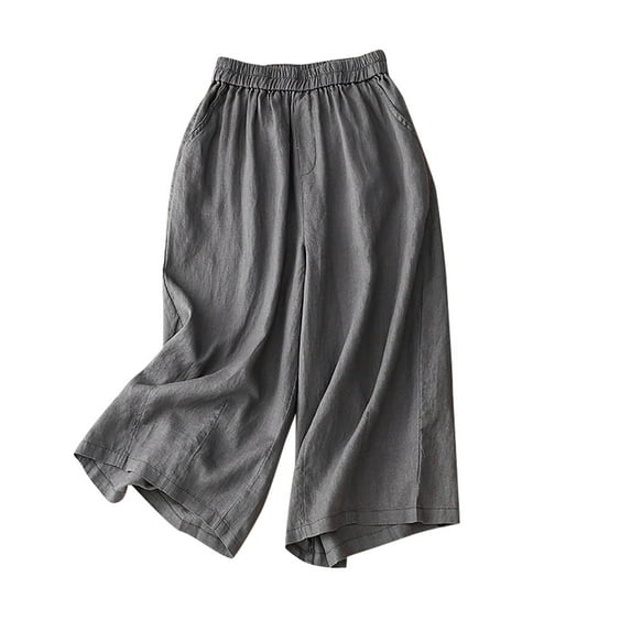 ABATAB Women's Wide Leg Capri Pants Cotton Linen Palazzo Cropped