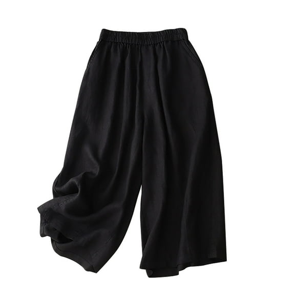ABATAB Women's Wide Leg Capri Pants Cotton Linen Palazzo Cropped Trousers Pure Color Casual Baggy Beach Capris with Pockets