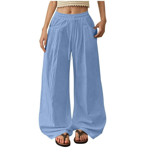 ABATAB Women's Wide Leg Pants Drawstring Elastic High Waisted Casual Summer Beach Baggy Palazzo Trousers with Pockets