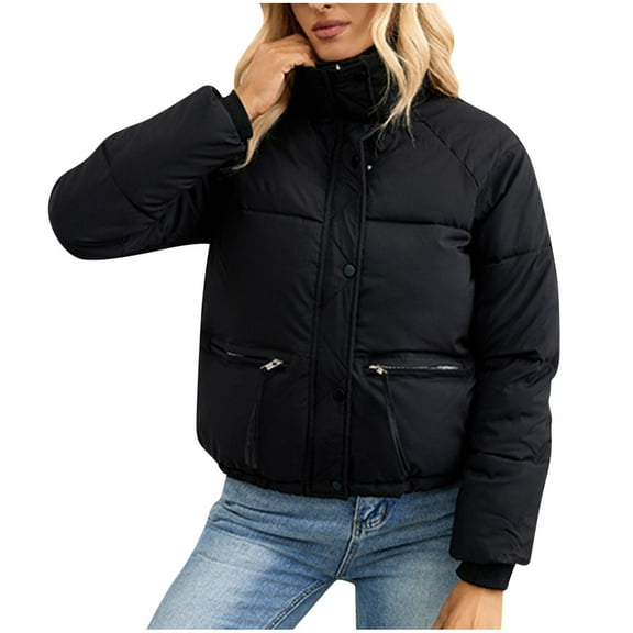 ABATAB Women’s Winter Cropped Puffer Padded Jackets Warm Soft Quilted Outwear Baggy Long Sleeve Zip up Coats with Pockets(Large,Black)