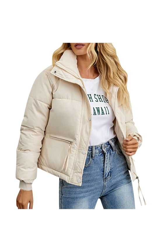 Women’s Winter Cropped Puffer Padded Jackets Warm Soft Quilted Outwear Baggy Long Sleeve Zip up Coats with Pockets(Large,White)