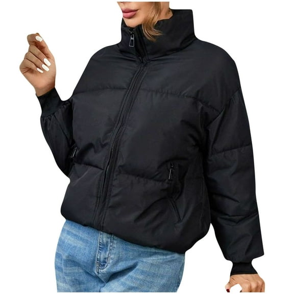 ABATAB Women's Winter Stand Neck Puffer Jackets with Pockets Loose Fit Thicken Quilted Padded Coats Long Sleeve Full Zip Puffer Outwear(Small,Black)