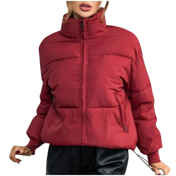 ABATAB Women's Winter Stand Neck Puffer Jackets with Pockets Loose Fit Thicken Quilted Padded Coats Long Sleeve Full Zip Puffer Outwear(Small,Wine)