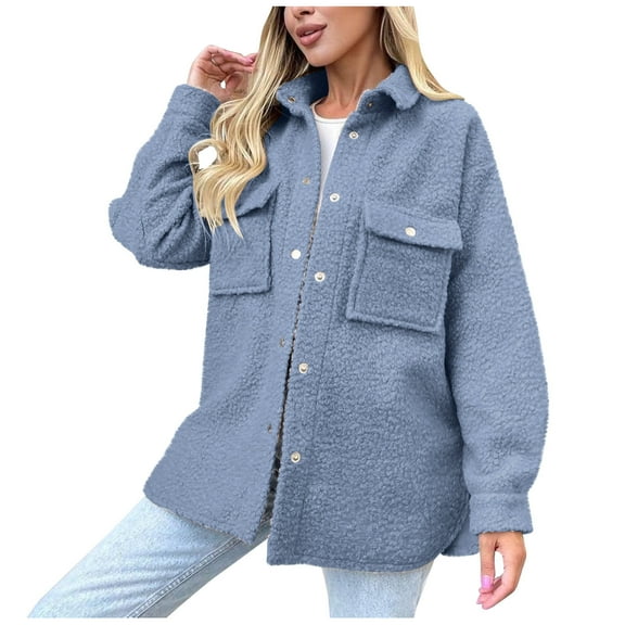 ABATAB Women's Winter Warm Fleece Shacket Jackets Soft Button down Casual Long Sleeve Lapel Neck Warm Outerwear with Chest Pockets(Medium,Navy)