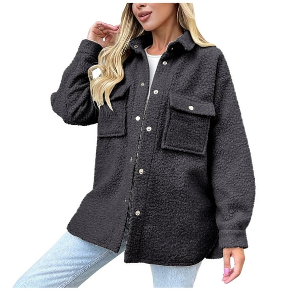 ABATAB Women's Winter Warm Fleece Shacket Jackets Soft Button down Casual Long Sleeve Lapel Neck Warm Outerwear with Chest Pockets(X-Large,Black)
