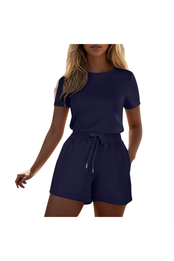 Women's Workout Athletic Romper Crewneck Drawstring Summer Dressy Jumpsuits Running Exercise Gym Overalls