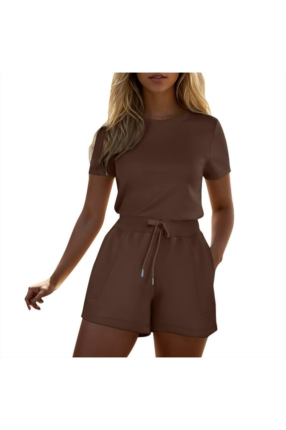 Women's Workout Athletic Romper Crewneck Drawstring Summer Dressy Jumpsuits Running Exercise Gym Overalls