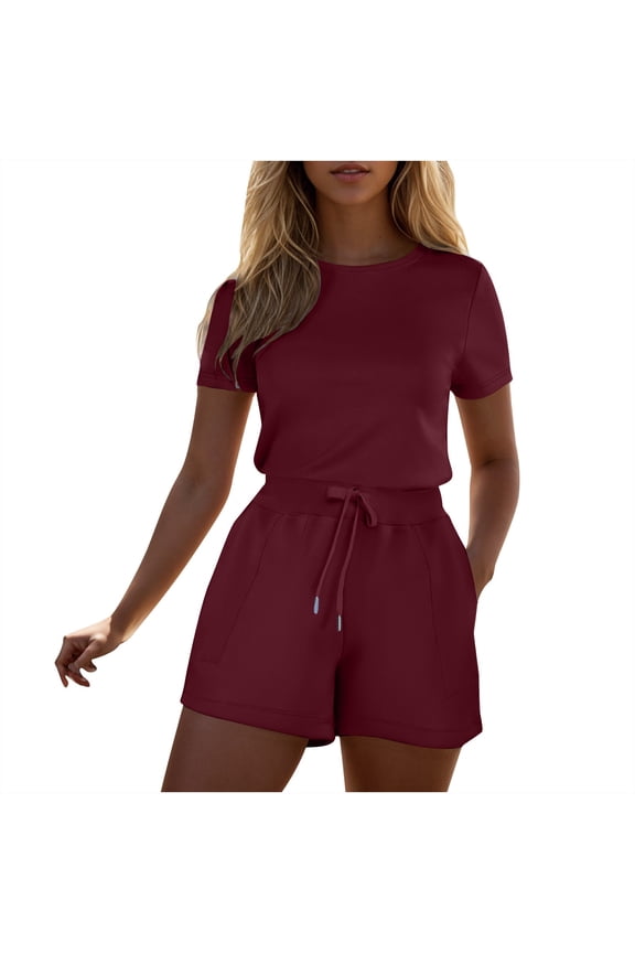 Women's Workout Athletic Romper Crewneck Drawstring Summer Dressy Jumpsuits Running Exercise Gym Overalls