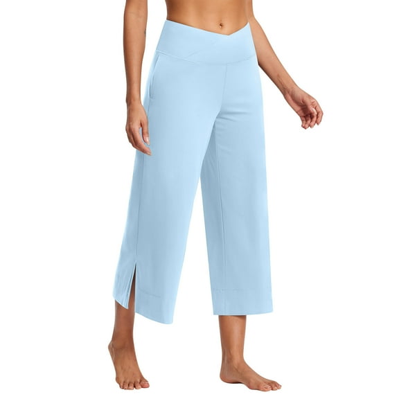 ABATAB Women's Yoga Capri Pants V Crossover Waisted Stylish Gym Capris Sports Activewear Loose Fit Workout Running Crop Pants