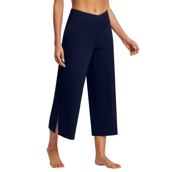 ABATAB Women's Yoga Capri Pants V Crossover Waisted Stylish Gym Capris Sports Activewear Loose Fit Workout Running Crop Pants