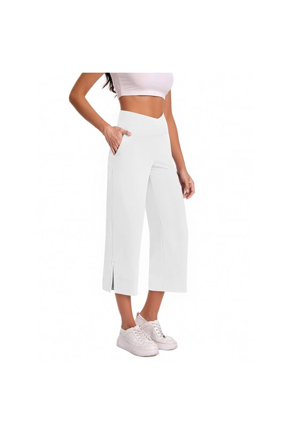 Women's Yoga Capri Pants V Crossover Waisted Stylish Gym Capris Sports Activewear Loose Fit Workout Running Crop Pants