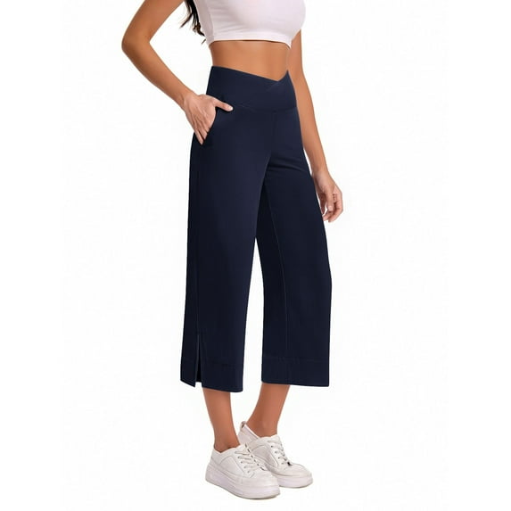 ABATAB Women's Yoga Capri Pants V Crossover Waisted Stylish Gym Capris Sports Activewear Loose Fit Workout Running Crop Pants