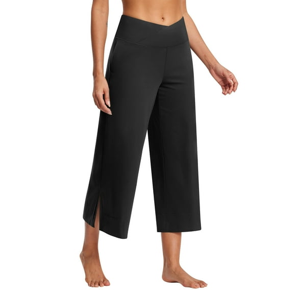 ABATAB Women's Yoga Capri Pants V Crossover Waisted Stylish Gym Capris Sports Activewear Loose Fit Workout Running Crop Pants