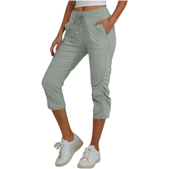 ABATAB Womens Active Capri Pants Lightweight Elastic Waisted Drawstring Casual Joggers Travel Cropped Trousers with Pockets