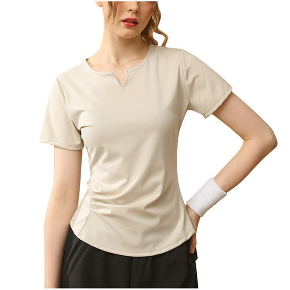 ABATAB Womens Active Wear Exercise Tops V Neck Short Sleeve Yoga Stretchy Tunic Shirt Plain Curve Hem Workout T-Shirts