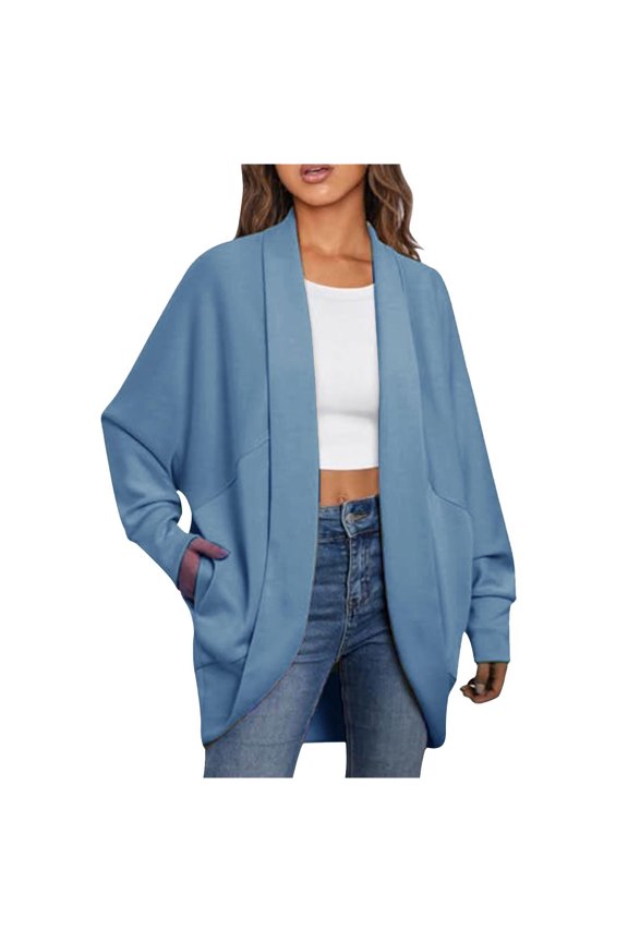 Womens Blazer Cardigans Stylish Long Sleeve Open Front Kimono Dusters with Pockets Loose Fit Shawl Collar Suit Jacket Outerwear(XX-Large,Light Blue)