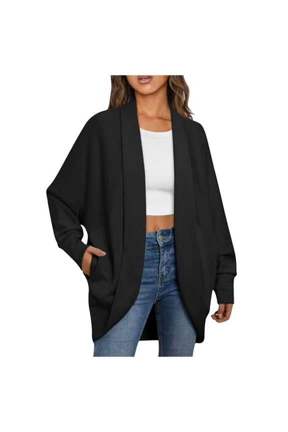 Womens Blazer Cardigans Stylish Long Sleeve Open Front Kimono Dusters with Pockets Loose Fit Shawl Collar Suit Jacket Outerwear(Small,Black)