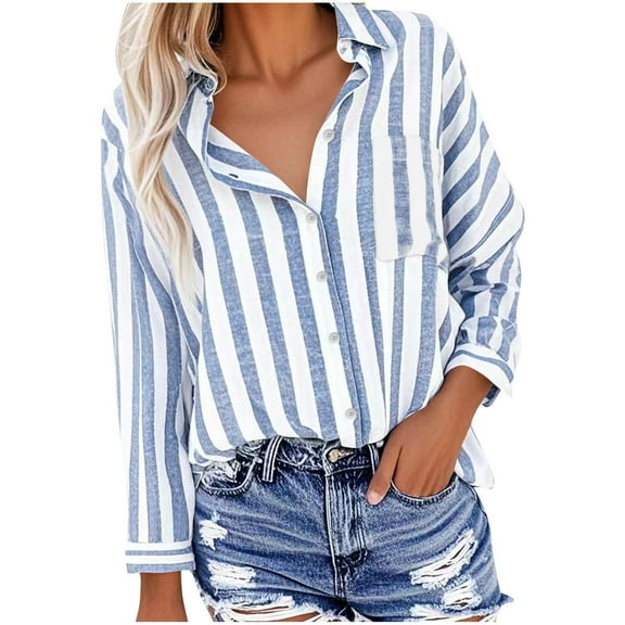 ABATAB Womens Button down Stripe Printed Shirts Cotton Linen Long Sleeve Classic Blouses Casual Collared Work Shirts Tops with Pockets(Medium,Light Blue)