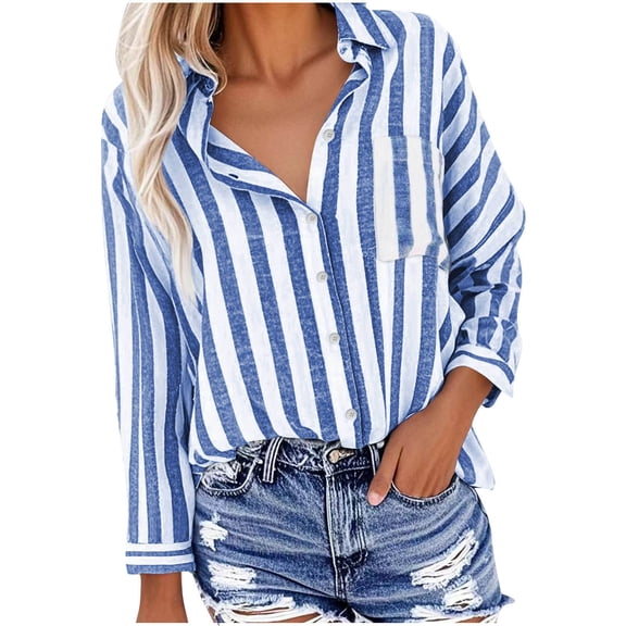 ABATAB Womens Button down Stripe Printed Shirts Cotton Linen Long Sleeve Classic Blouses Casual Collared Work Shirts Tops with Pockets(Medium,Blue)