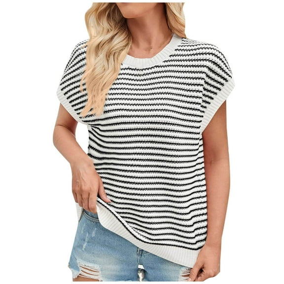 ABATAB Womens Cap Sleeve Sweater Summer Round Neck Striped Color Block Knit Dressy Sweater Tops