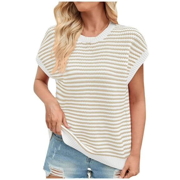 ABATAB Womens Cap Sleeve Sweater Summer Round Neck Striped Color Block Knit Dressy Sweater Tops