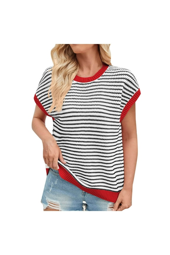 Womens Cap Sleeve Sweater Summer Round Neck Striped Color Block Knit Dressy Sweater Tops